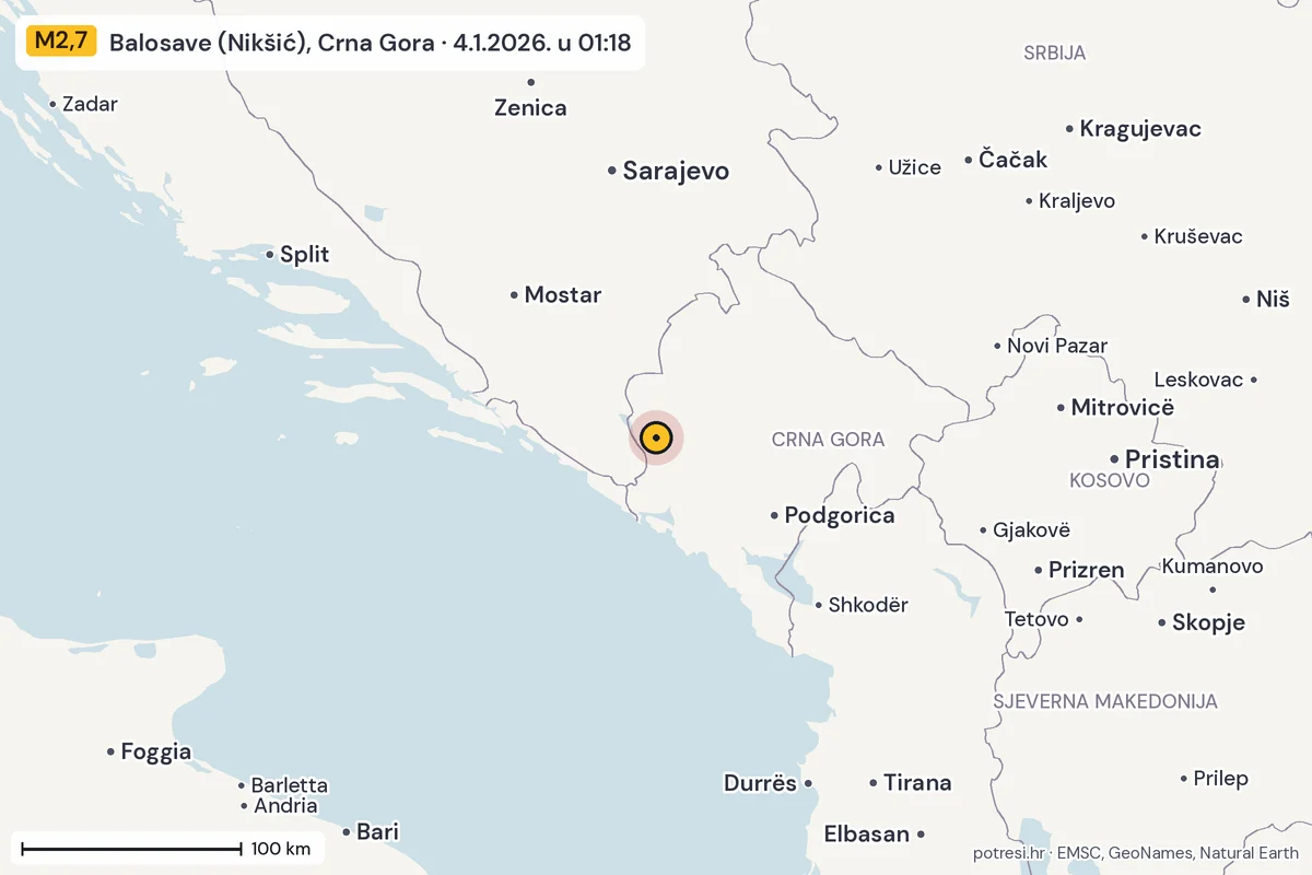 Karta: šire područje, 600 km, potres M2,7, Balosave (Nikšić), Crna Gora, 4.1.2026.