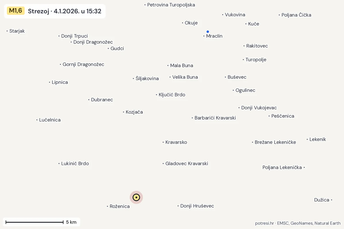 Karta: izvješća građana, potres M1,6, Strezoj, 4.1.2026.