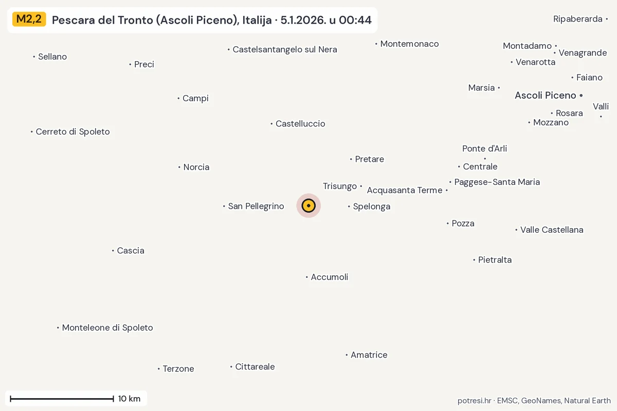 Karta: okolica epicentra, 60 km, potres M2,2, Pescara del Tronto (Ascoli Piceno), Italija, 5.1.2026.