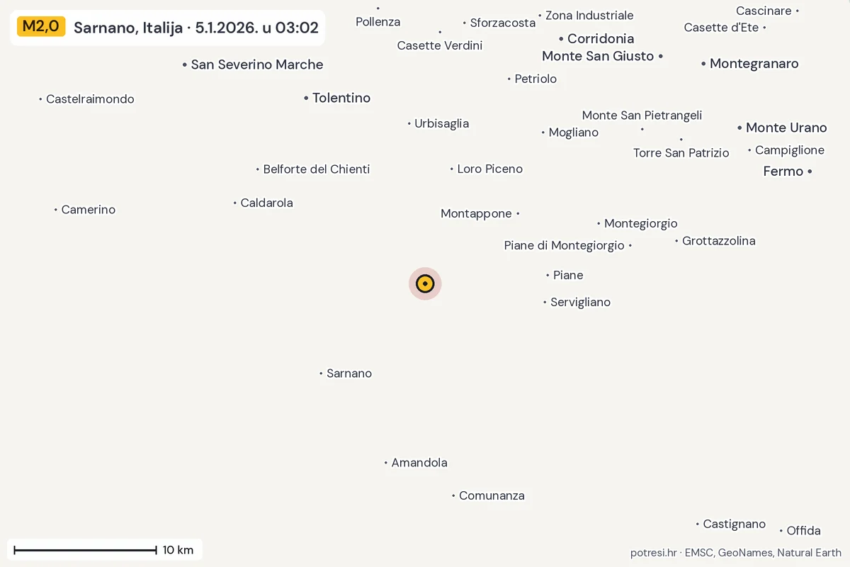 Karta: okolica epicentra, 60 km, potres M2,0, Sarnano, Italija, 5.1.2026.