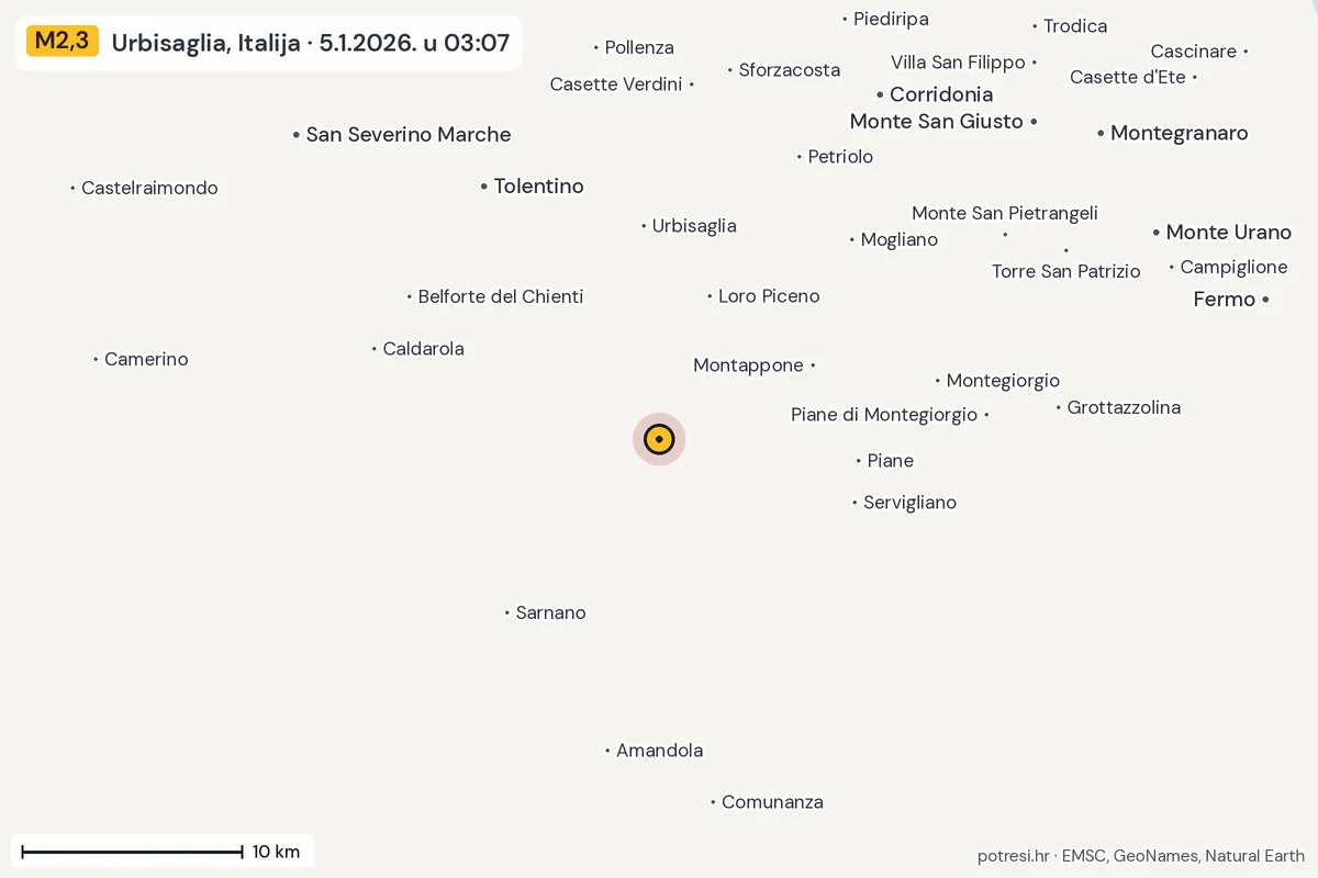Karta: okolica epicentra, 60 km, potres M2,3, Urbisaglia, Italija, 5.1.2026.