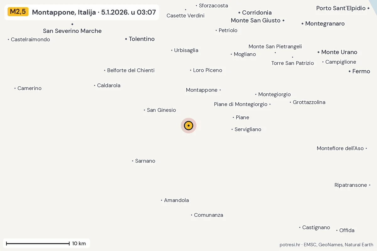 Karta: okolica epicentra, 60 km, potres M2,5, Montappone, Italija, 5.1.2026.