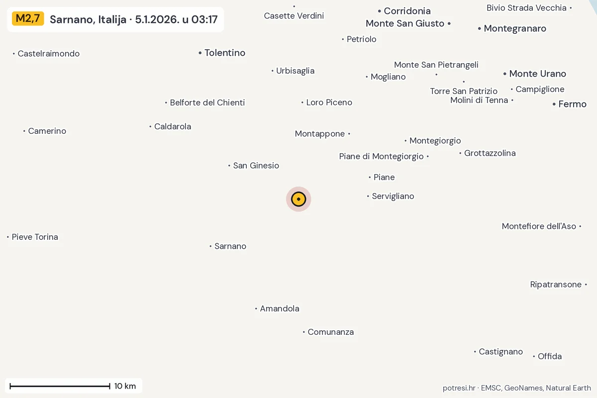 Karta: okolica epicentra, 60 km, potres M2,7, Sarnano, Italija, 5.1.2026.