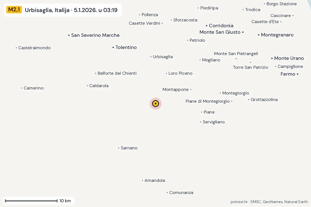 Karta: okolica epicentra, 60 km, potres M2,1, Urbisaglia, Italija, 5.1.2026.
