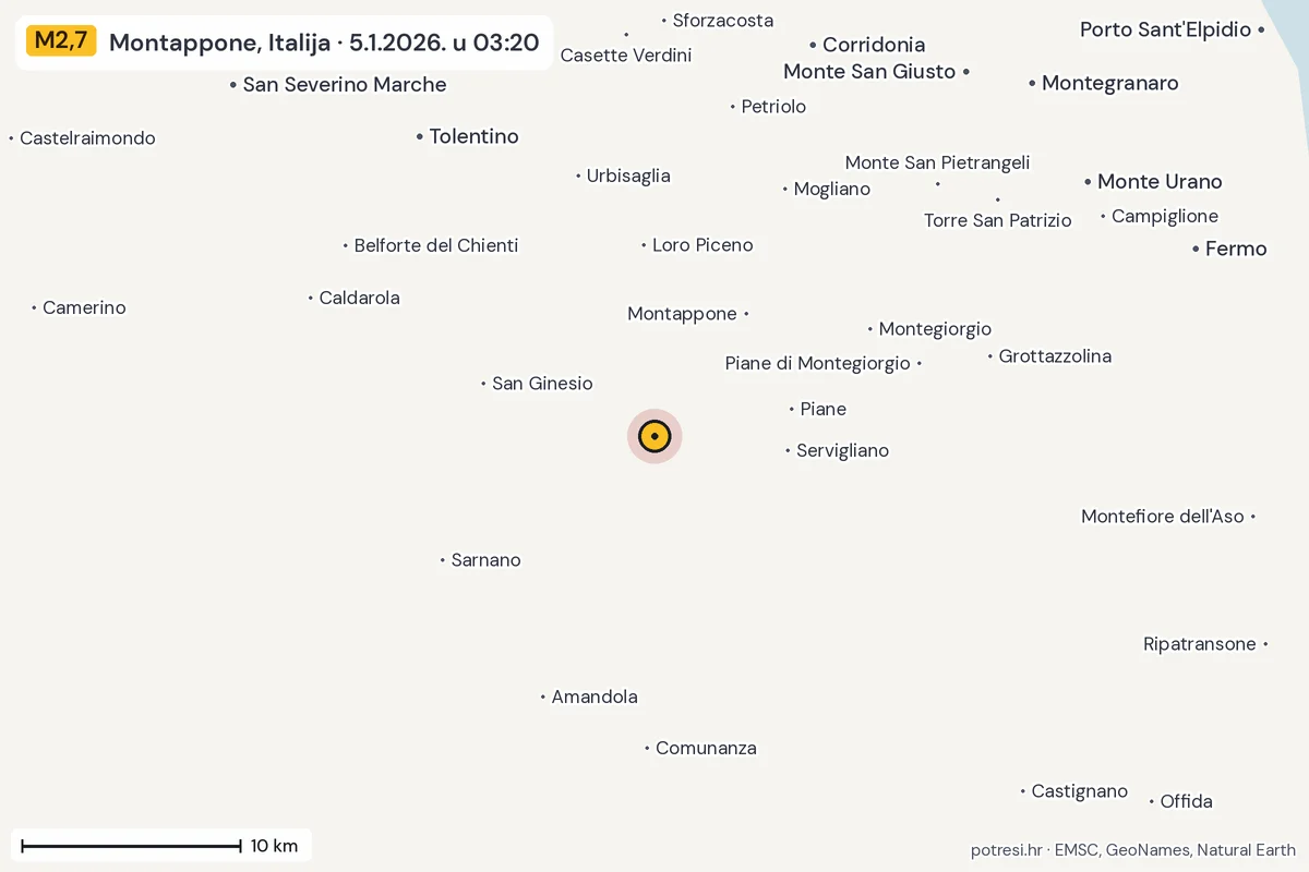 Karta: okolica epicentra, 60 km, potres M2,7, Montappone, Italija, 5.1.2026.