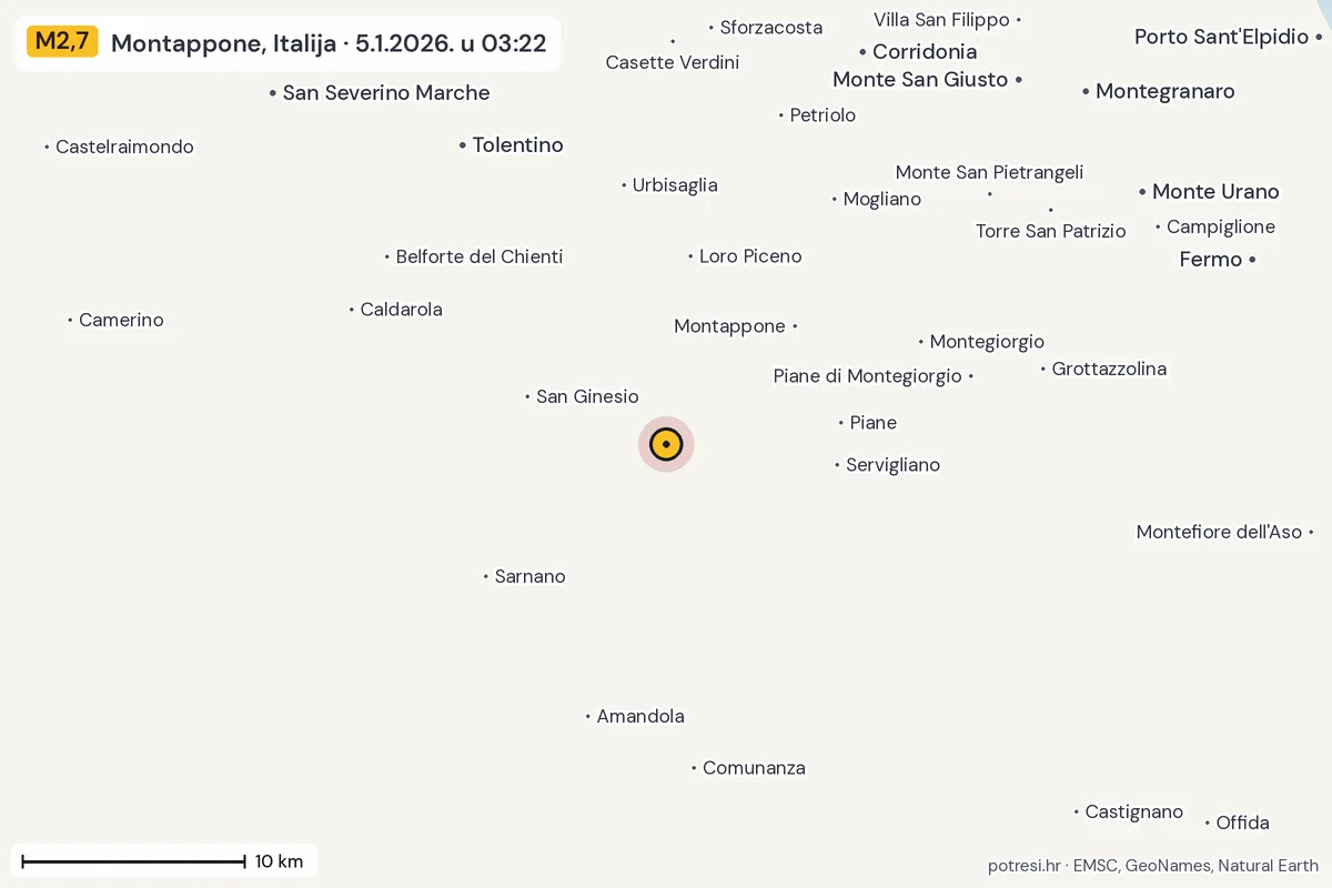 Karta: okolica epicentra, 60 km, potres M2,7, Montappone, Italija, 5.1.2026.