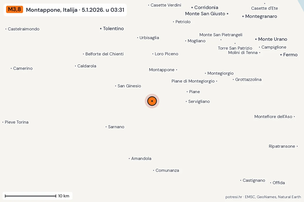 Karta: okolica epicentra, 60 km, potres M3,8, Montappone, Italija, 5.1.2026.
