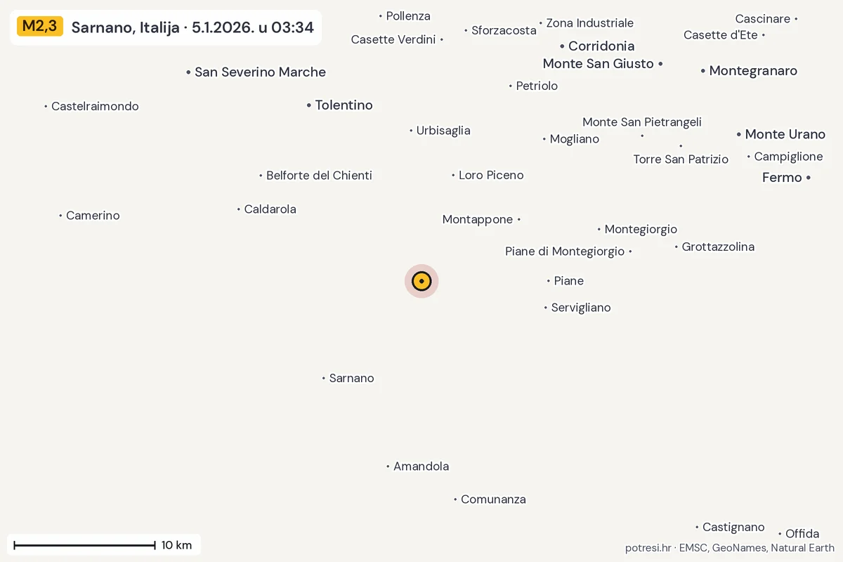 Karta: okolica epicentra, 60 km, potres M2,3, Sarnano, Italija, 5.1.2026.