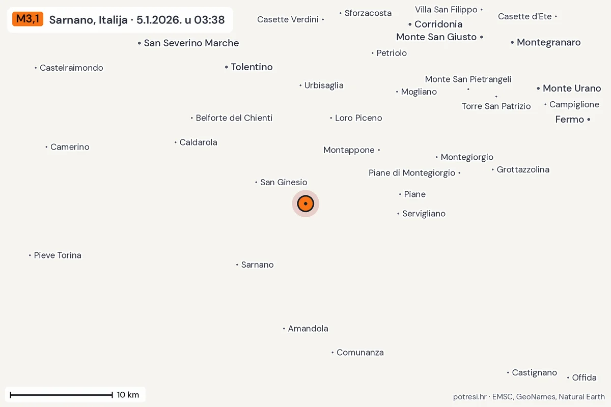 Karta: okolica epicentra, 60 km, potres M3,1, Sarnano, Italija, 5.1.2026.