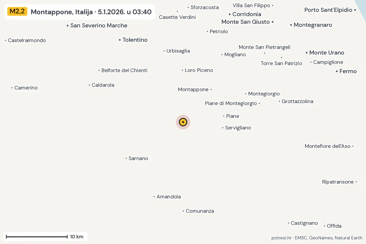 Karta: okolica epicentra, 60 km, potres M2,2, Montappone, Italija, 5.1.2026.