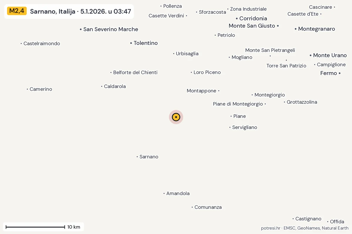 Karta: okolica epicentra, 60 km, potres M2,4, Sarnano, Italija, 5.1.2026.