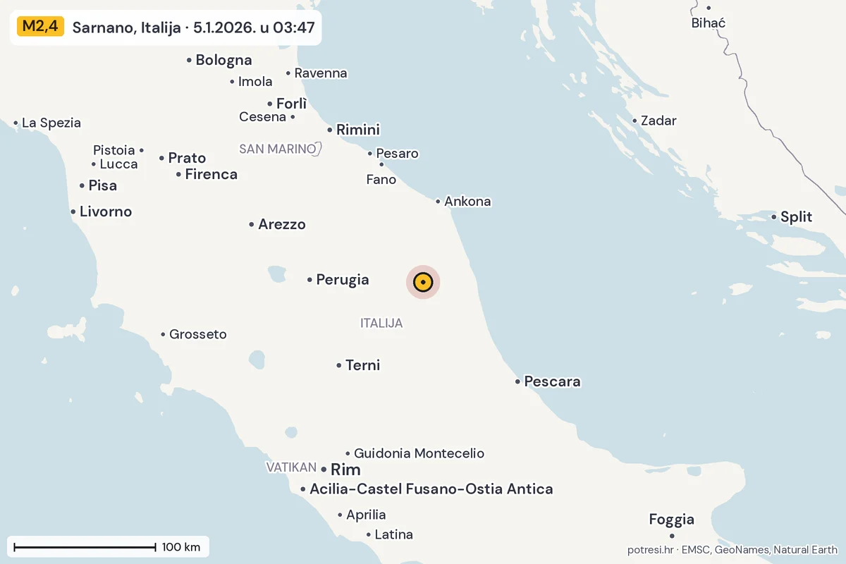 Karta: šire područje, 600 km, potres M2,4, Sarnano, Italija, 5.1.2026.