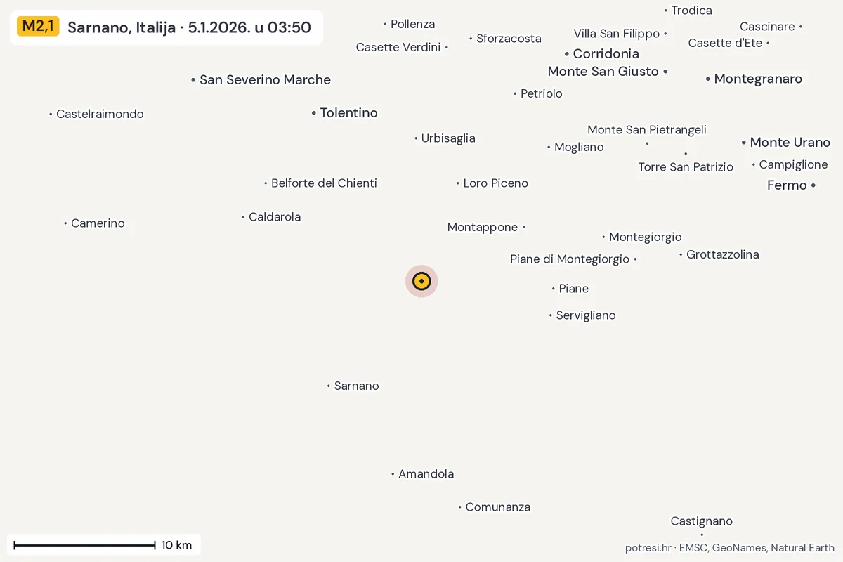 Karta: okolica epicentra, 60 km, potres M2,1, Sarnano, Italija, 5.1.2026.