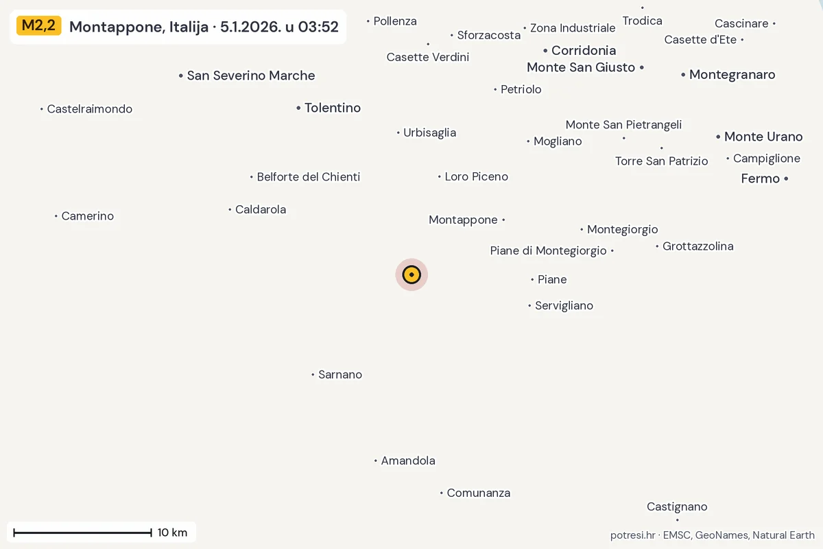 Karta: okolica epicentra, 60 km, potres M2,2, Montappone, Italija, 5.1.2026.