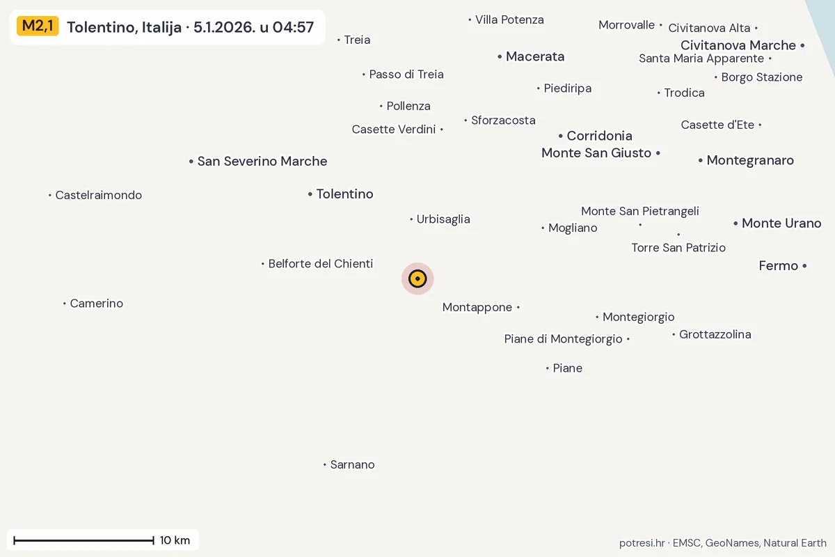 Karta: okolica epicentra, 60 km, potres M2,1, Tolentino, Italija, 5.1.2026.
