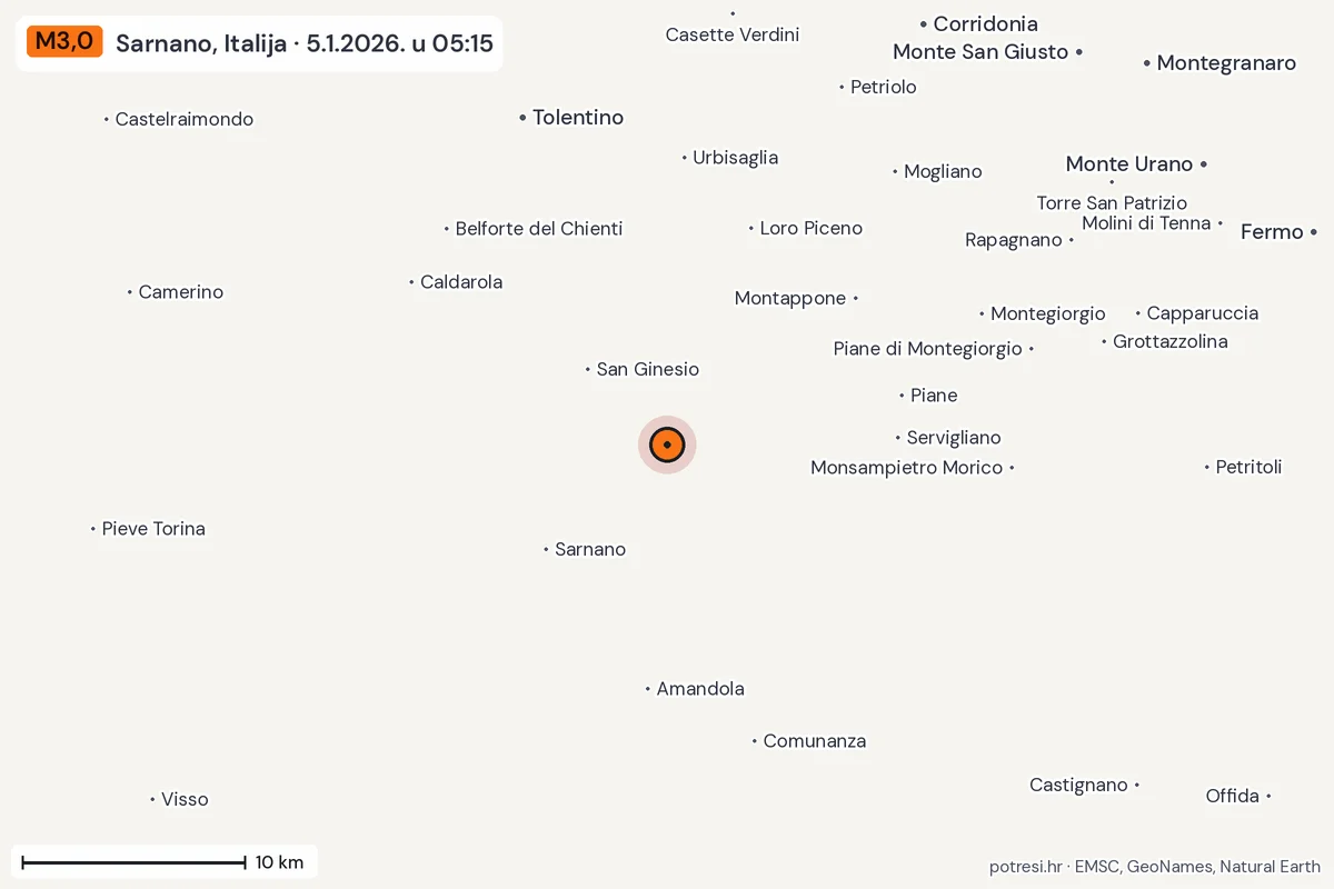 Karta: okolica epicentra, 60 km, potres M3,0, Sarnano, Italija, 5.1.2026.