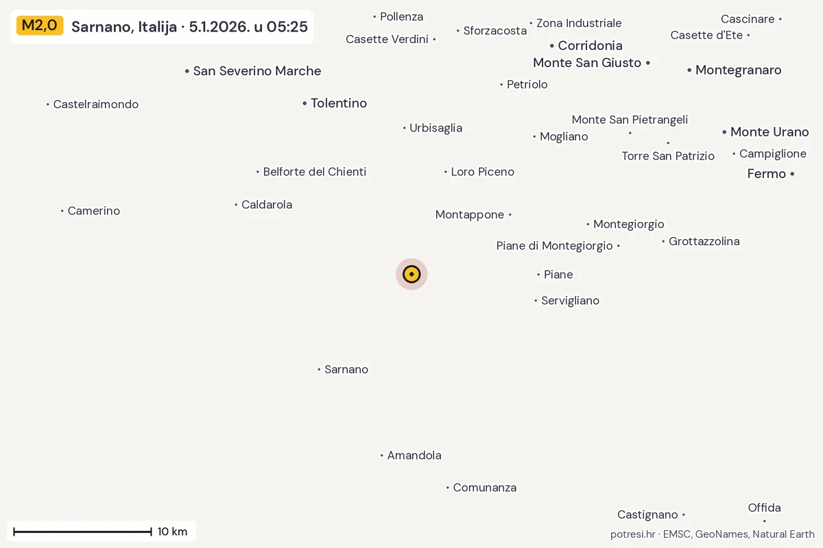 Karta: okolica epicentra, 60 km, potres M2,0, Sarnano, Italija, 5.1.2026.