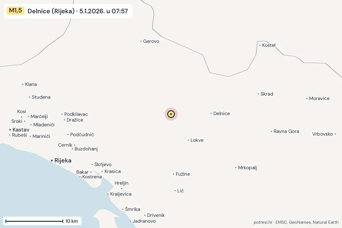 Karta: okolica epicentra, 60 km, potres M1,5, Delnice (Rijeka), 5.1.2026.