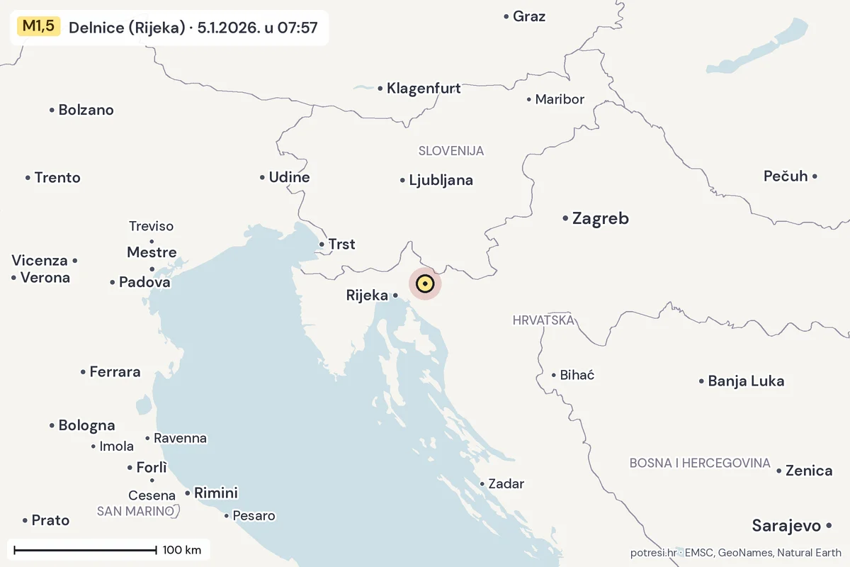 Karta: šire područje, 600 km, potres M1,5, Delnice (Rijeka), 5.1.2026.