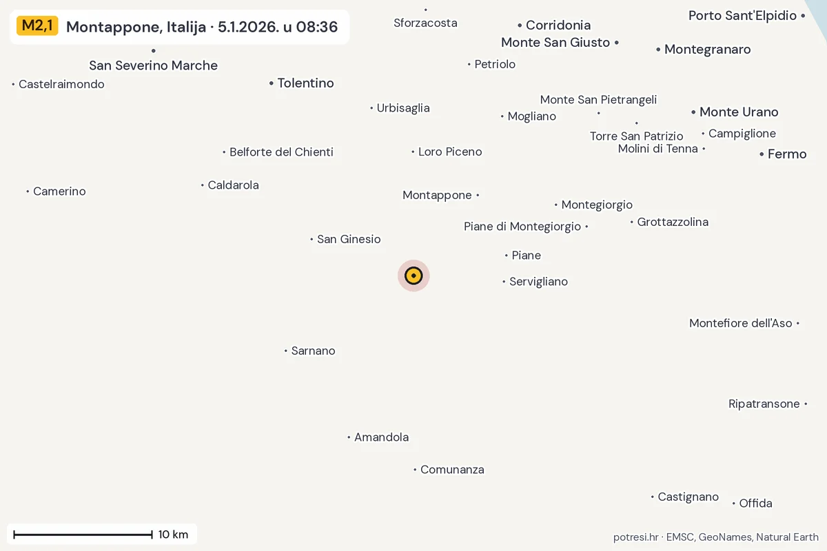 Karta: okolica epicentra, 60 km, potres M2,1, Montappone, Italija, 5.1.2026.