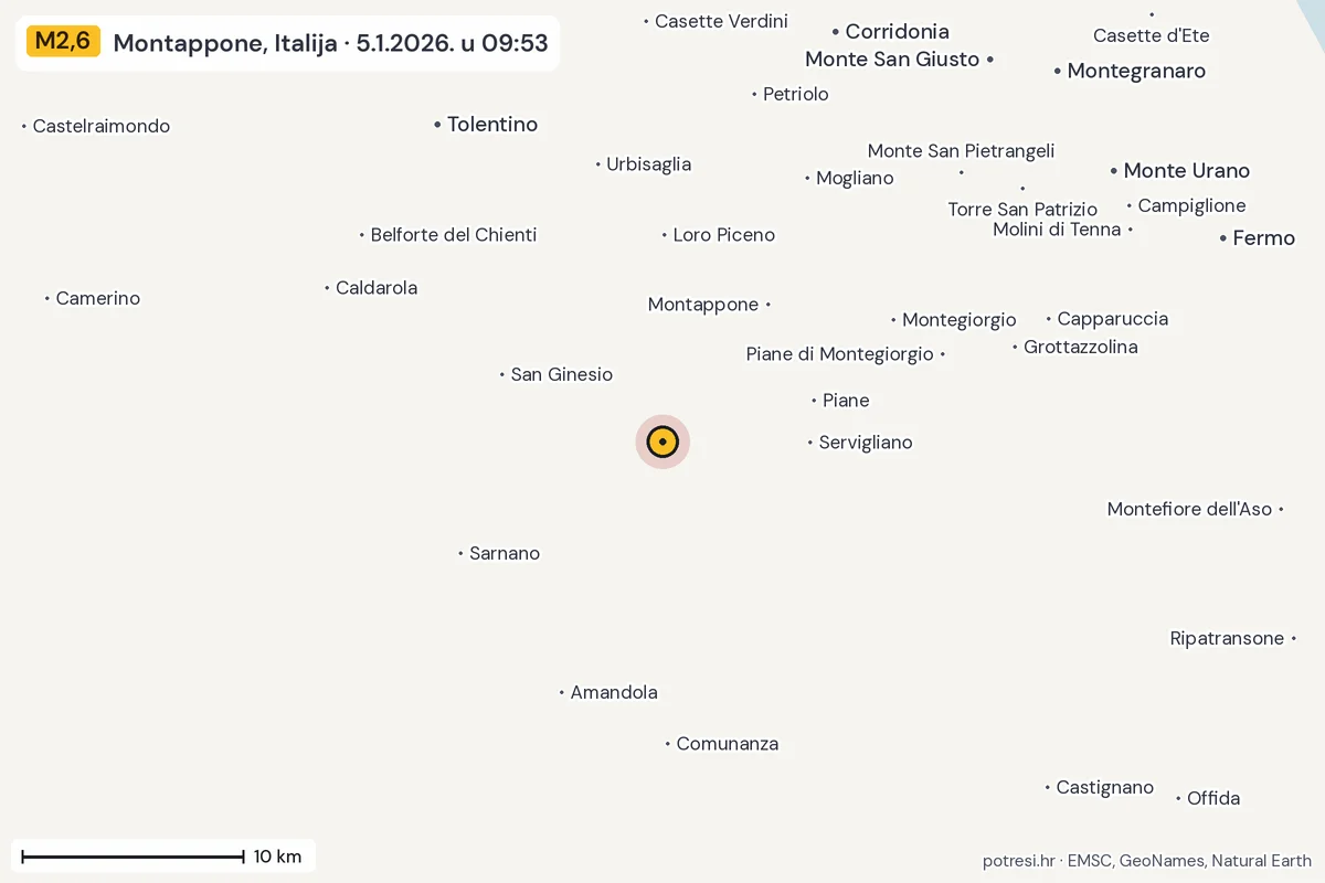 Karta: okolica epicentra, 60 km, potres M2,6, Montappone, Italija, 5.1.2026.