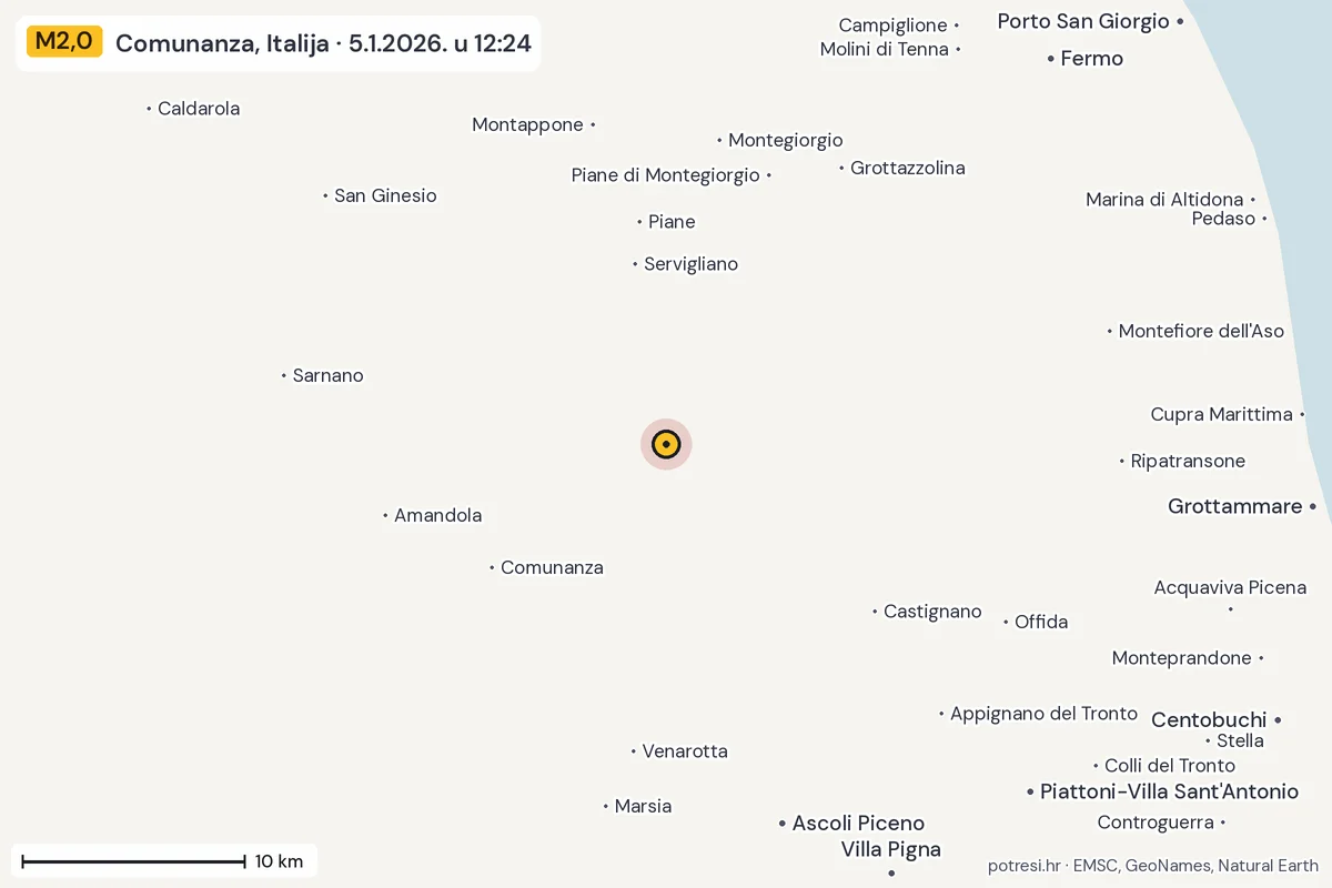 Karta: okolica epicentra, 60 km, potres M2,0, Comunanza, Italija, 5.1.2026.