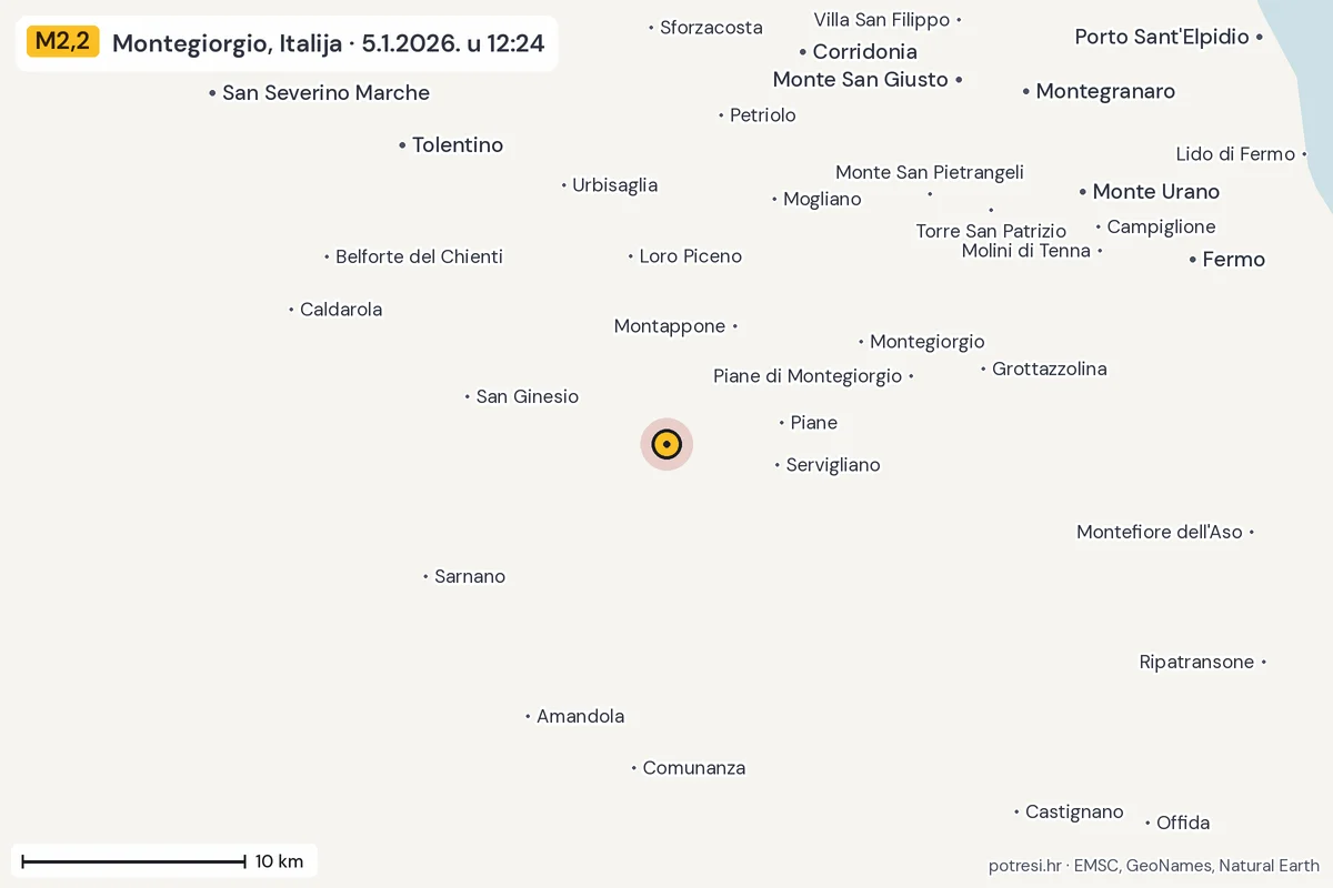 Karta: okolica epicentra, 60 km, potres M2,2, Montegiorgio, Italija, 5.1.2026.