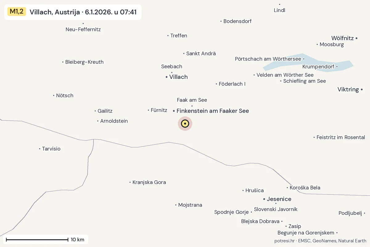 Karta: okolica epicentra, 60 km, potres M1,2, Villach, Austrija, 6.1.2026.