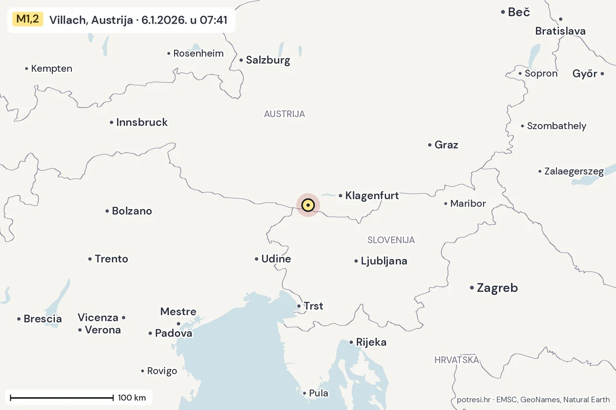 Karta: šire područje, 600 km, potres M1,2, Villach, Austrija, 6.1.2026.