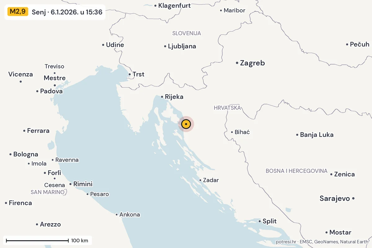 Karta: šire područje, 600 km, potres M2,9, Senj, 6.1.2026.