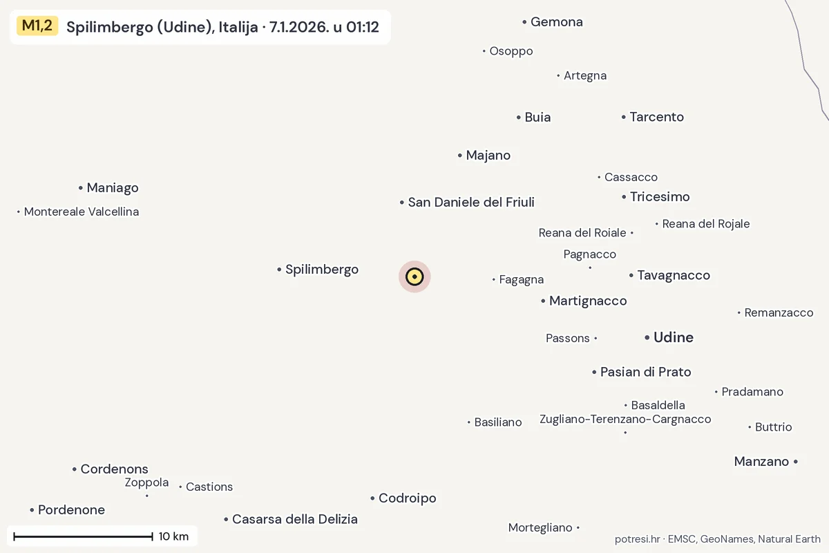 Karta: okolica epicentra, 60 km, potres M1,2, Spilimbergo (Udine), Italija, 7.1.2026.