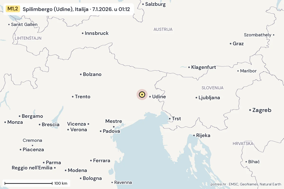 Karta: šire područje, 600 km, potres M1,2, Spilimbergo (Udine), Italija, 7.1.2026.