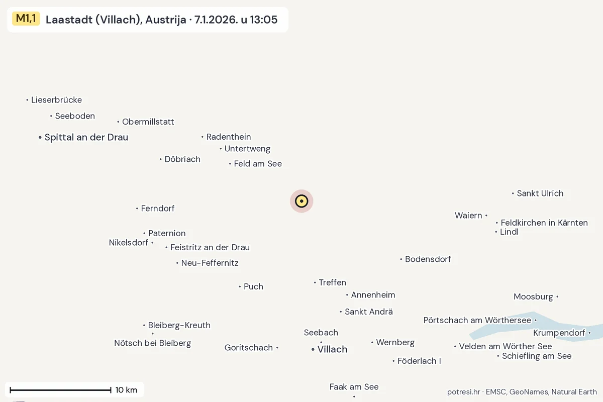 Karta: okolica epicentra, 60 km, potres M1,1, Laastadt (Villach), Austrija, 7.1.2026.