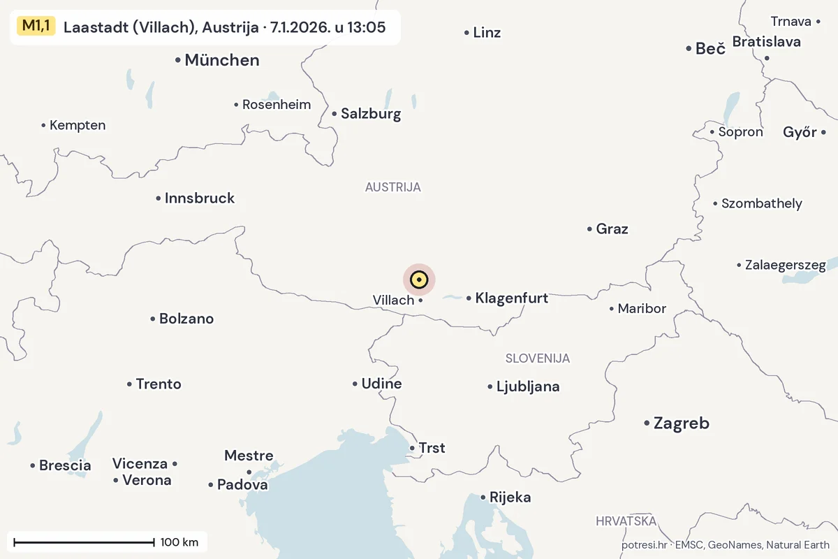 Karta: šire područje, 600 km, potres M1,1, Laastadt (Villach), Austrija, 7.1.2026.