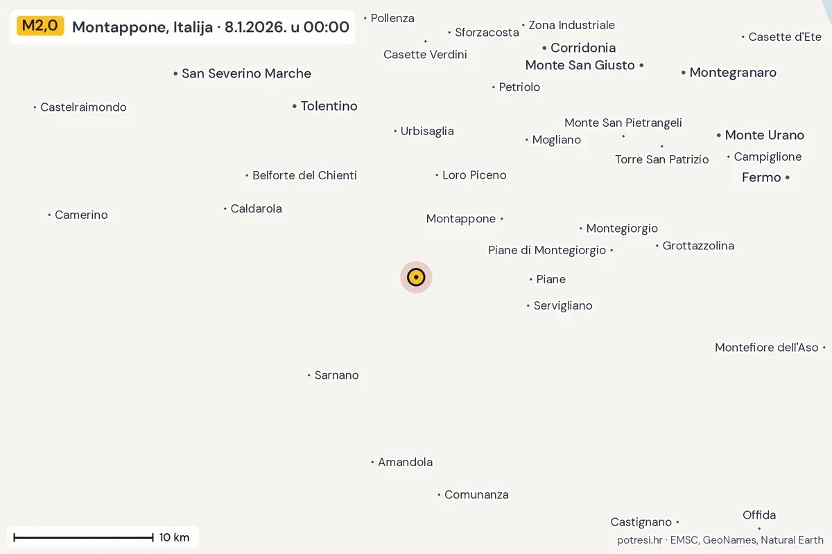 Karta: okolica epicentra, 60 km, potres M2,0, Montappone, Italija, 8.1.2026.
