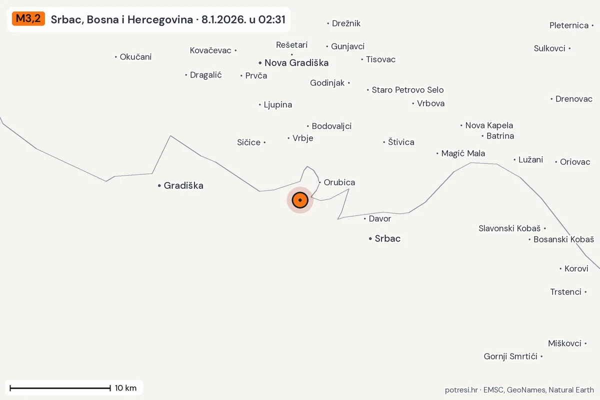 Karta: okolica epicentra, 60 km, potres M3,2, Srbac, Bosna i Hercegovina, 8.1.2026.