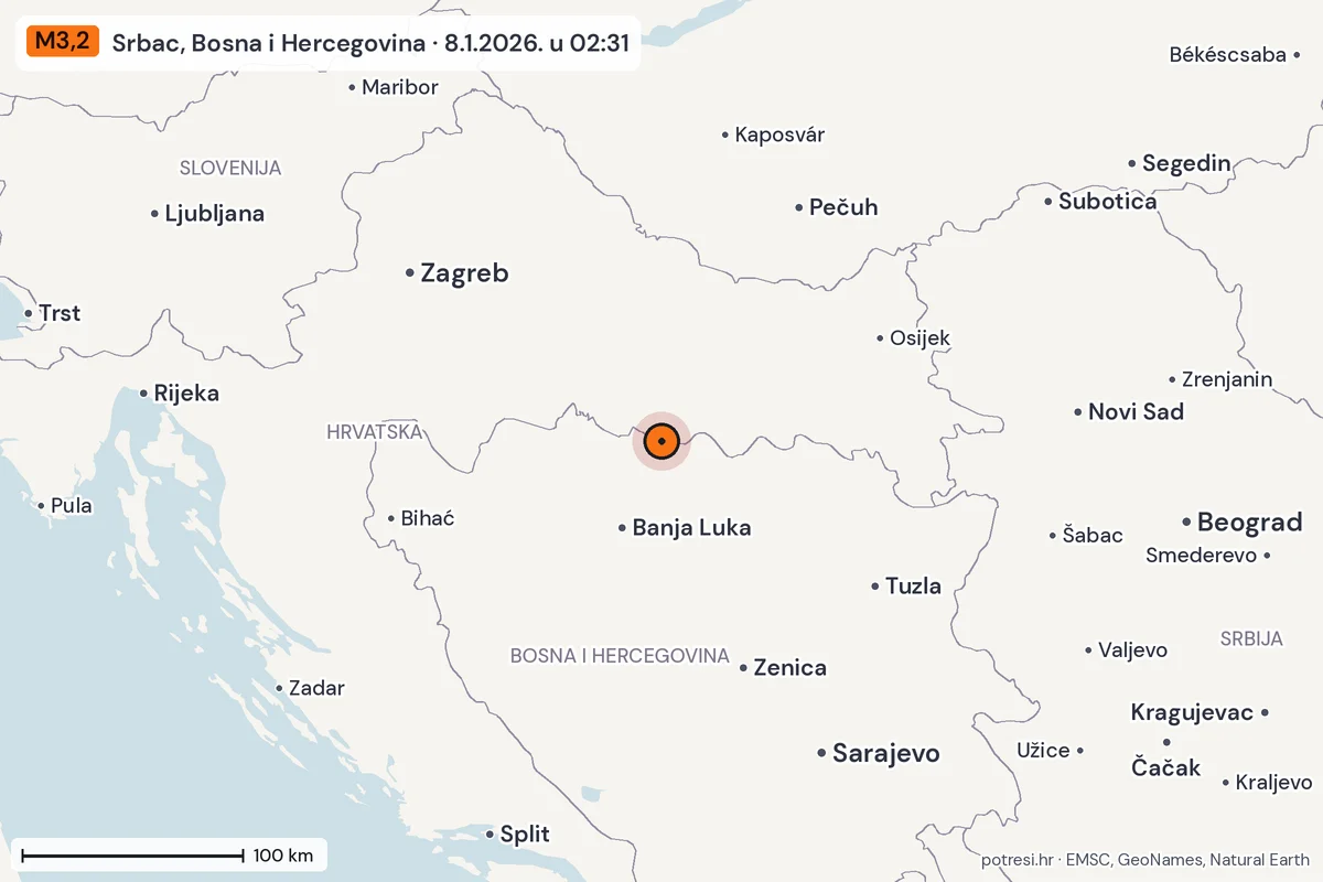 Karta: šire područje, 600 km, potres M3,2, Srbac, Bosna i Hercegovina, 8.1.2026.