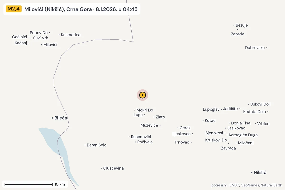 Karta: okolica epicentra, 60 km, potres M2,4, Milovići (Nikšić), Crna Gora, 8.1.2026.
