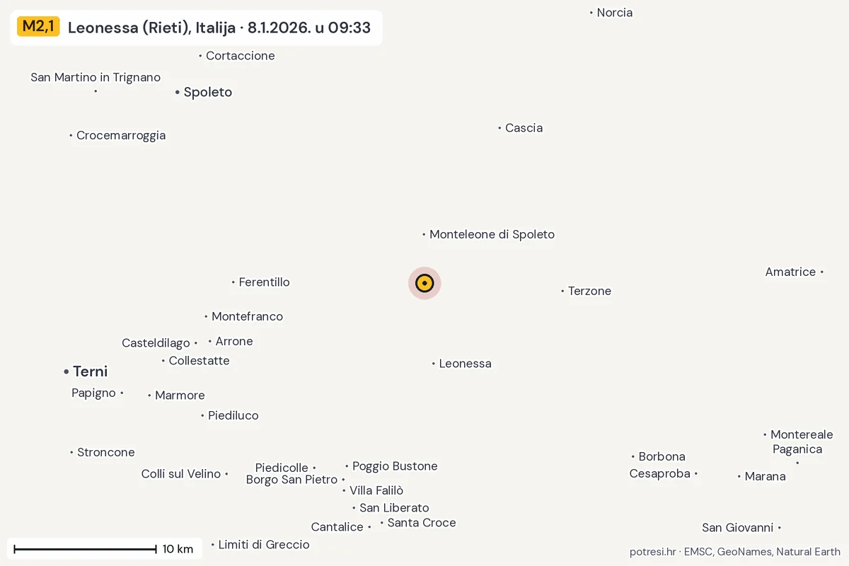 Karta: okolica epicentra, 60 km, potres M2,1, Leonessa (Rieti), Italija, 8.1.2026.