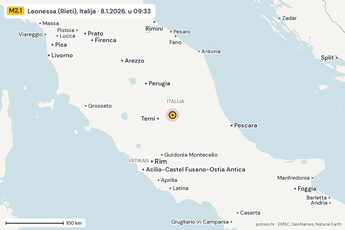 Karta: šire područje, 600 km, potres M2,1, Leonessa (Rieti), Italija, 8.1.2026.