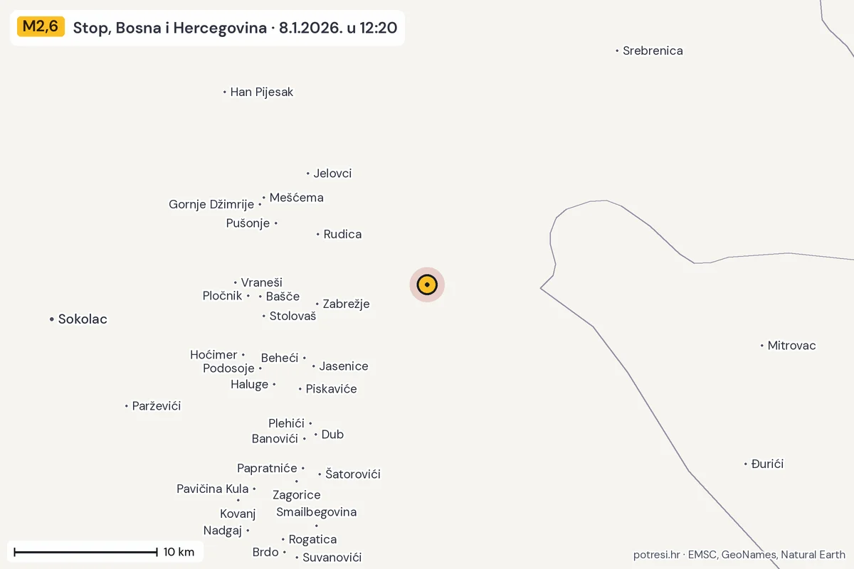 Karta: okolica epicentra, 60 km, potres M2,6, Stop, Bosna i Hercegovina, 8.1.2026.
