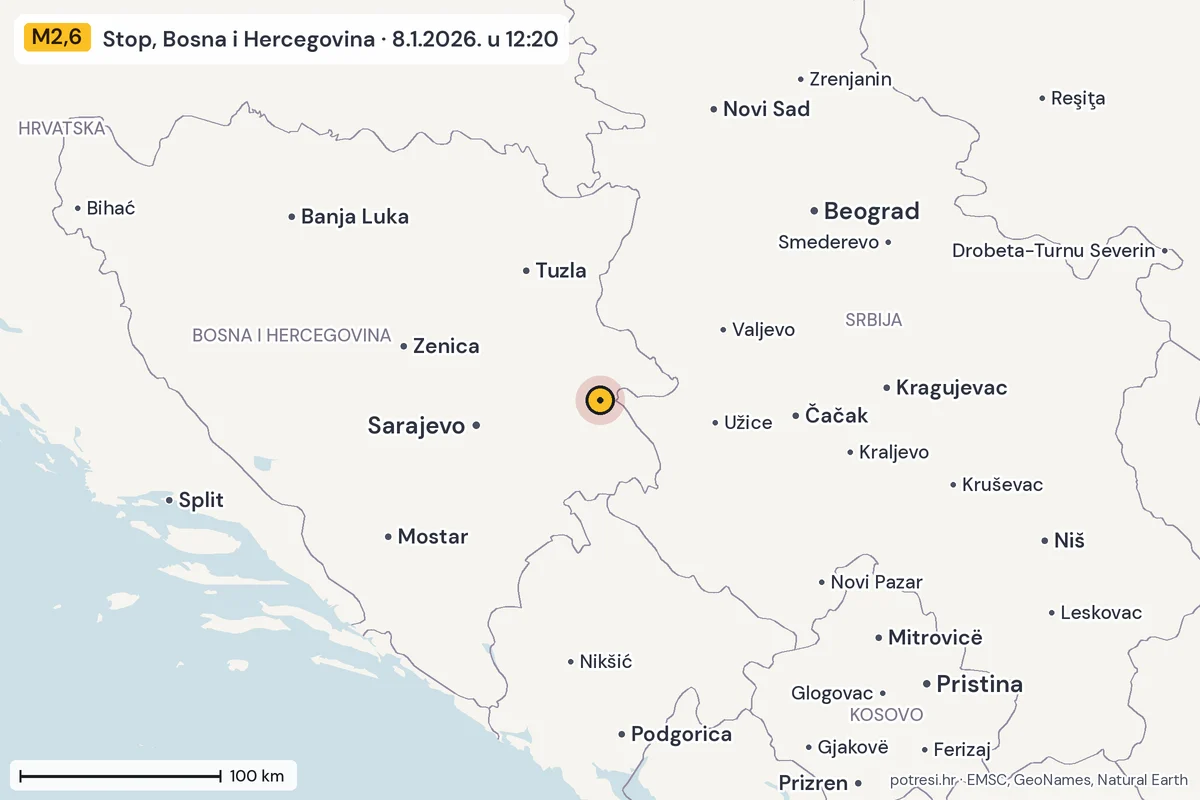 Karta: šire područje, 600 km, potres M2,6, Stop, Bosna i Hercegovina, 8.1.2026.