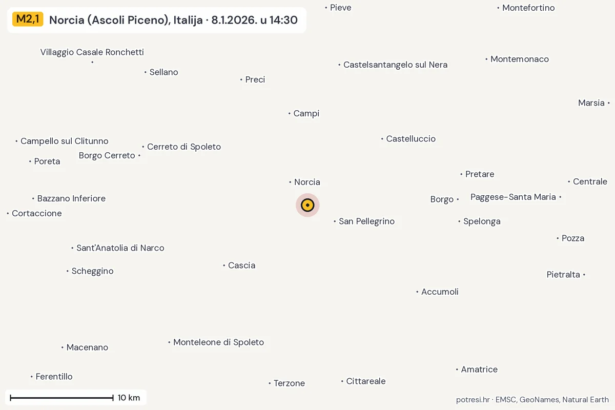 Karta: okolica epicentra, 60 km, potres M2,1, Norcia (Ascoli Piceno), Italija, 8.1.2026.