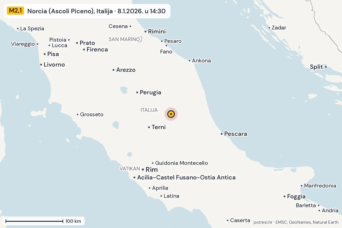 Karta: šire područje, 600 km, potres M2,1, Norcia (Ascoli Piceno), Italija, 8.1.2026.