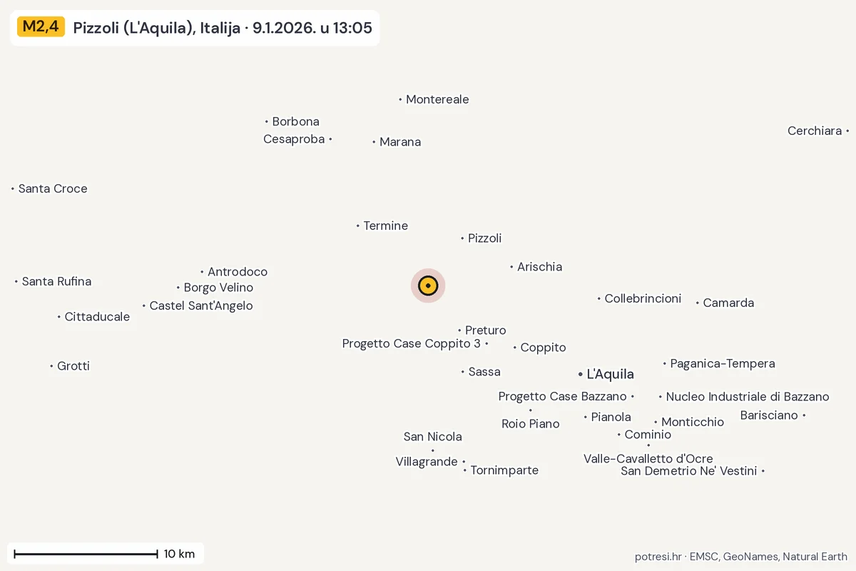 Karta: okolica epicentra, 60 km, potres M2,4, Pizzoli (L'Aquila), Italija, 9.1.2026.