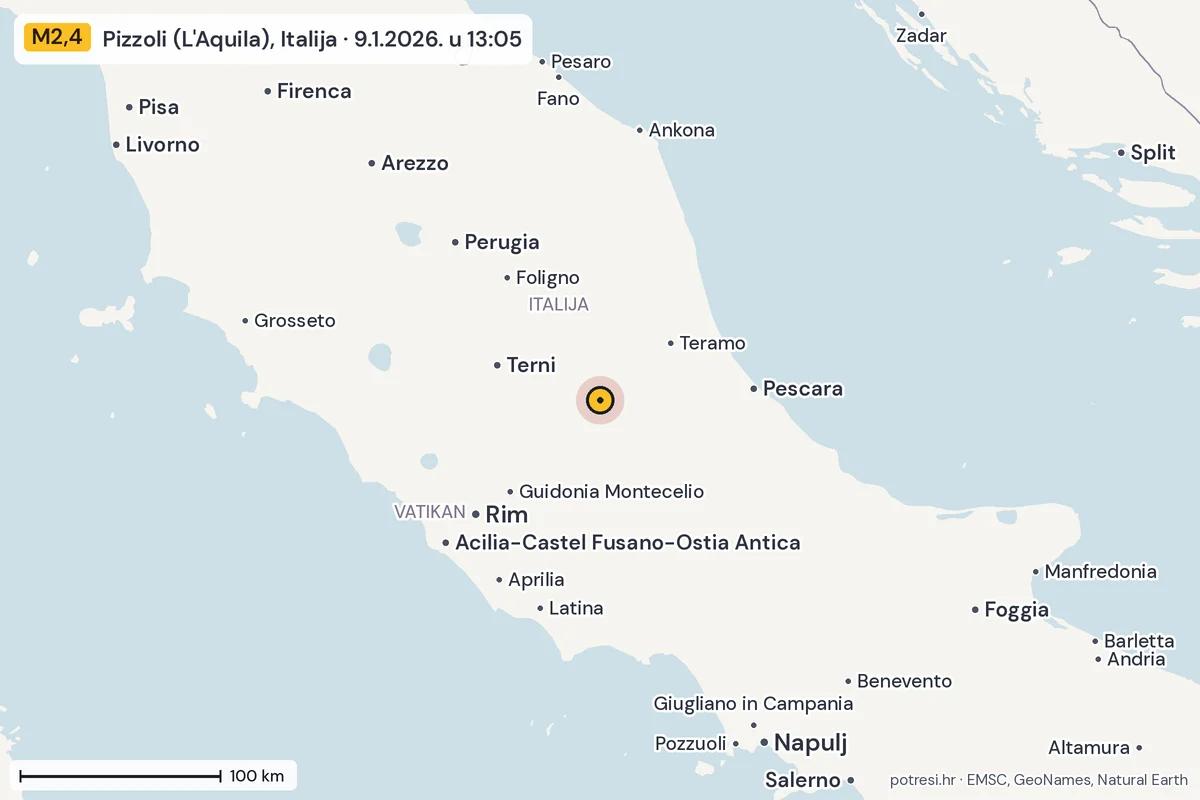 Karta: šire područje, 600 km, potres M2,4, Pizzoli (L'Aquila), Italija, 9.1.2026.