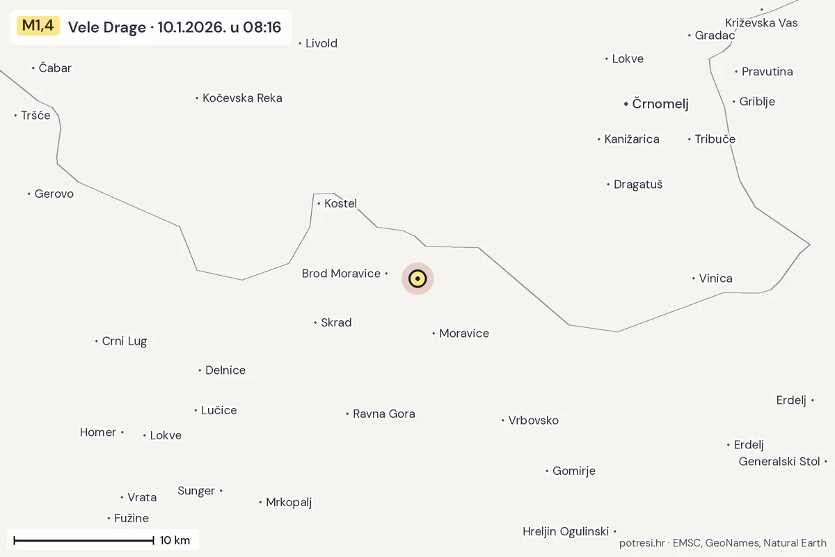 Karta: okolica epicentra, 60 km, potres M1,4, Vele Drage, 10.1.2026.