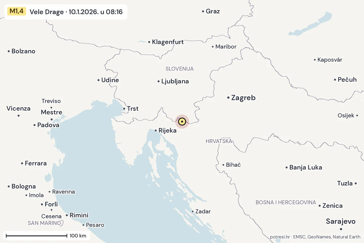 Karta: šire područje, 600 km, potres M1,4, Vele Drage, 10.1.2026.