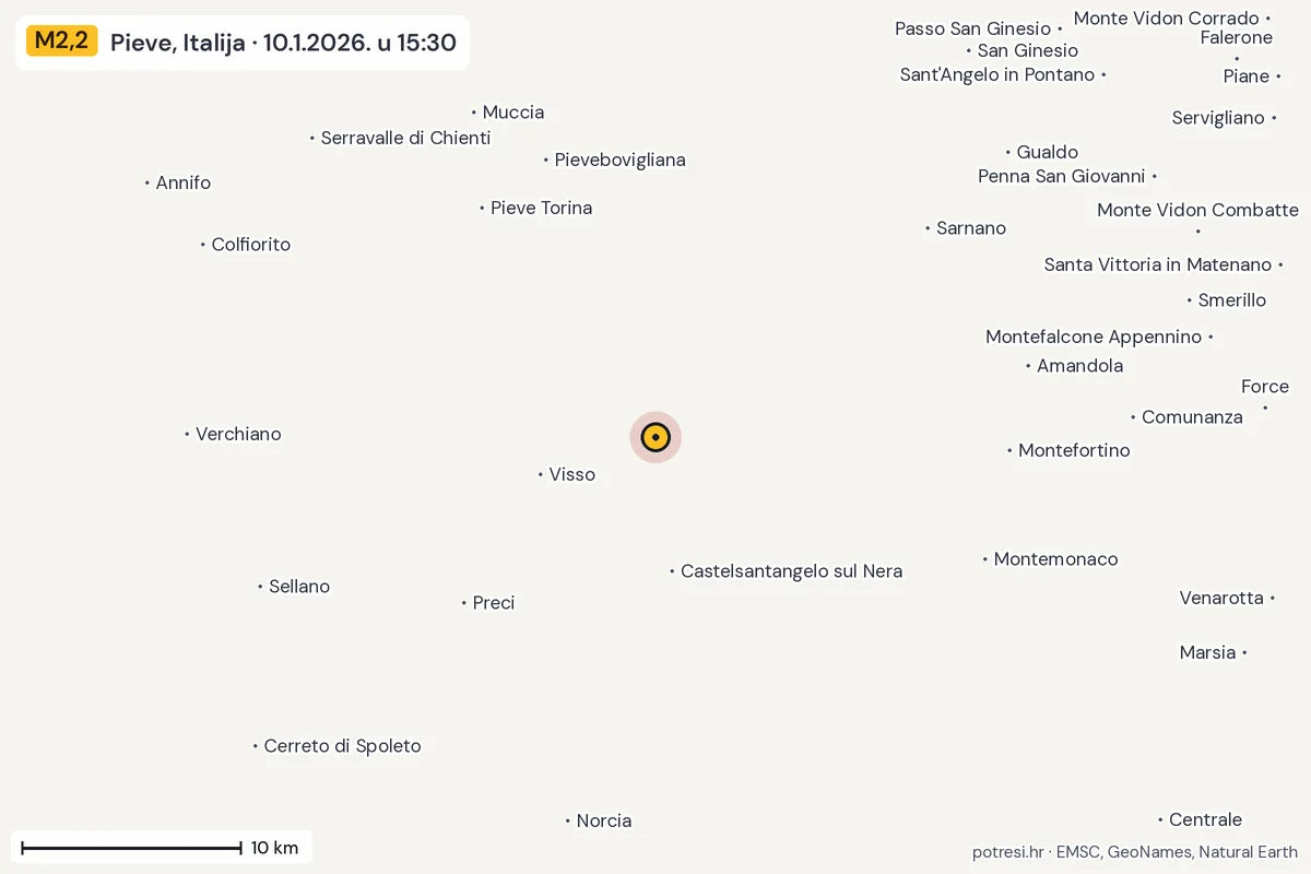 Karta: okolica epicentra, 60 km, potres M2,2, Pieve, Italija, 10.1.2026.