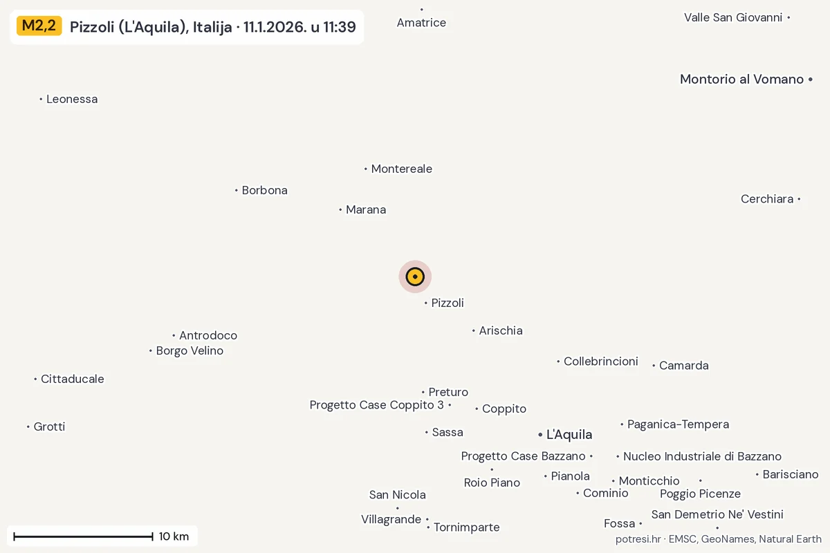 Karta: okolica epicentra, 60 km, potres M2,2, Pizzoli (L'Aquila), Italija, 11.1.2026.